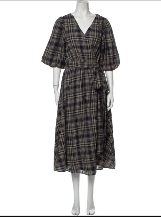 OAK + FORT Dresses & Skirts - OAK + FORT navy and tan plaid cotton wrap dress - size large